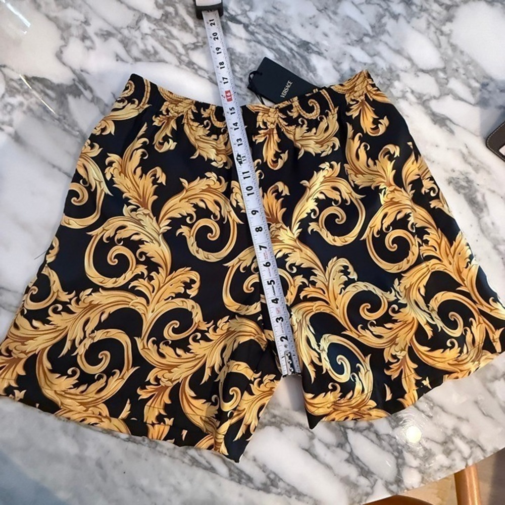 Versace Men'sBaroque Print Twill Poly Shorts Black Gold Print Shorts, sz 50 - Picture 6 of 12